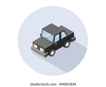 Vector isometric black car with long shadow, auto icon, city transport, 3d flat design, sedan model, modern car object 