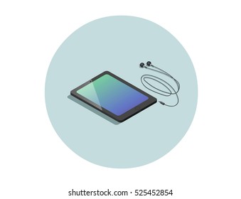 Vector isometric black tablet with headphones, 3d flat design phone, electronic devices icon.