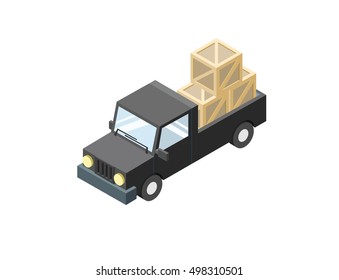 Vector isometric black wagon car with boxes, minivan, trucks for cargo transportation, delivery car icon, 3D flat business illustration 
