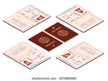 Vector isometric Blank open passport template. International passport with sample personal data page. Document for travel and immigration. Isolated vector illustration.