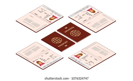 Vector isometric blank open passport template. International passport with sample personal data page. Document for travel and immigration. Isolated illustration