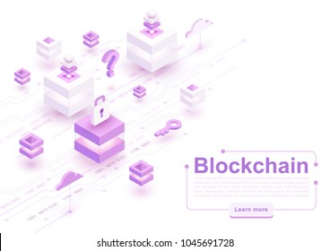 Vector isometric blockchain concept background with blocks, cubes and circuit board. Cryptocurrency, digital money, smart contracts, modern internet technology for electronic business