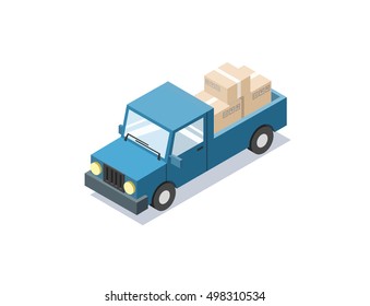 Vector isometric blue wagon car with boxes, minivan, trucks for cargo transportation, delivery car icon, 3D flat business illustration 