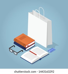 Vector isometric book store illustration. Shopping bag with stack of books, open book, reading glasses and credit card. Book sale concept.