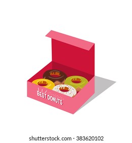 Vector isometric box with delicious donuts. Take away donuts. Donuts box isolated on white background.