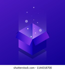 Vector isometric box illustration. Open box with magic light shining from inside. Neon concept illustration.