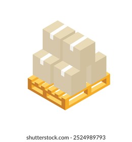 Caixas isométricas vetoriais em palete de madeira. Plano de fundo isolado