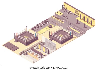 Vector isometric boxing and combat sports gym interior cross-section. Boxing ring and training equipment