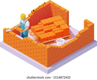 Vector isometric builder or bricklayer building or bricklaying brick wall on construction site. Construction worker with trowel in hardhat or protective helmet building a house