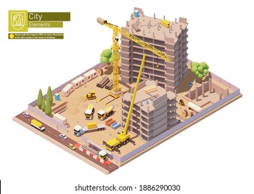 Vector isometric building construction site in the city. Modern skyscraper or monolithic building construction, tower crane, trucks, workers, excavator and other construction machinery