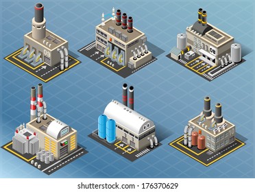 Vector Isometric Building Energy Power Plant Generator Industry Factory Set 3D Pipe Oil Isolated Isometric Building Infographic Collection Power Plant Farm Oil Industry Factory Energy Generator Vector