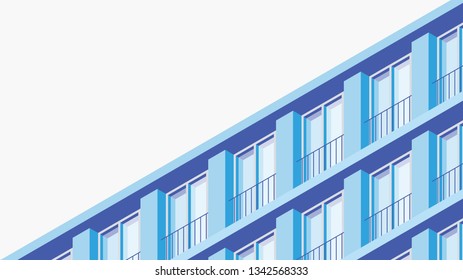 Vector isometric building facade detailed architecture illustration. Fragment of city building facade design with architecture elements, windows, window sill, etc. Facade is under mask.