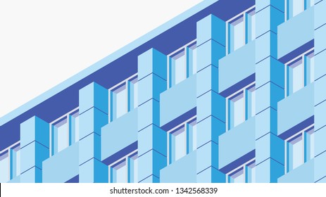 Vector isometric building facade detailed architecture illustration. Fragment of city building facade design with architecture elements, windows, window sill, etc. Facade is under mask.