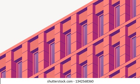 Vector isometric building facade detailed architecture illustration. Fragment of city building facade design with architecture elements, windows, window sill, etc. Facade is under mask.