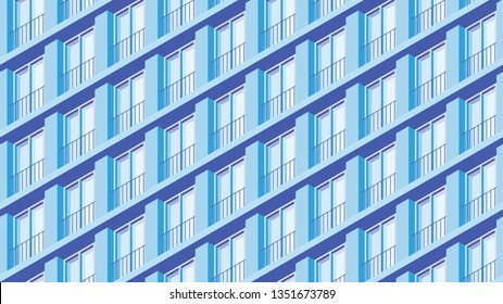 Vector isometric building facade detailed architecture illustration. Fragment of city building facade design with architecture elements, windows, window sill, etc. Facade is under mask.
