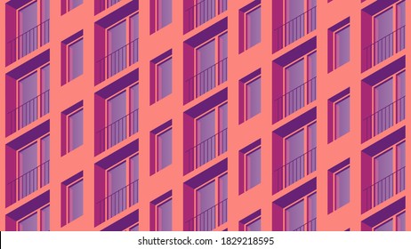 Vector isometric building facade detailed architecture illustration. Fragment of city building facade design with architecture elements, windows, balcony, etc. Facade is under mask.