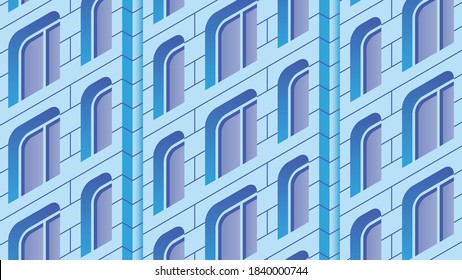 Vector isometric building facade detailed architecture illustration. Fragment of city building facade design with architecture elements, windows, etc. Facade is under mask.