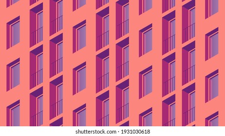Vector isometric building facade detailed architecture illustration. Fragment of city building facade design with architecture elements, windows, balcony, etc. Facade is under mask.