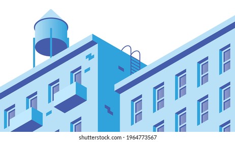 Vector isometric building facade detailed architecture illustration. Fragment of city building facade design with architecture elements, windows, balcony, etc. Facade is under mask.