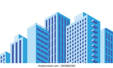 Vector isometric building facade detailed architecture illustration. Fragment of city building facade design with architecture elements, windows, balcony, etc. Facade is under mask.