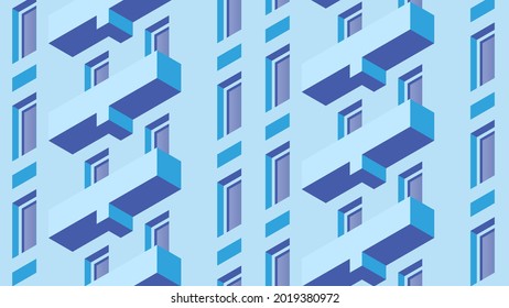 Vector de fachada de construcción isométrica ilustración de arquitectura detallada. Fragmento de la fachada de un edificio urbano con elementos arquitectónicos, ventanas, balcón, etc. La fachada está cubierta con máscara.