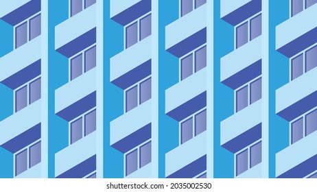 Vector isometric building facade detailed architecture illustration. Fragment of city building facade design with architecture elements, windows, balcony, etc. Facade is under mask.