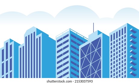 Vector isometric building facade detailed architecture illustration. Fragment of city building facade design with architecture elements, windows, balcony, etc. Facade is under mask.