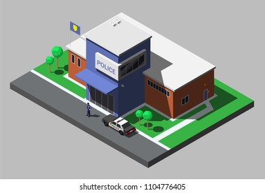 Vector isometric building of police department with policeman and police car