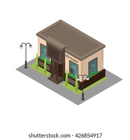 Vector isometric building restaurant. Isometric icon or infographic element restaurant on white background.