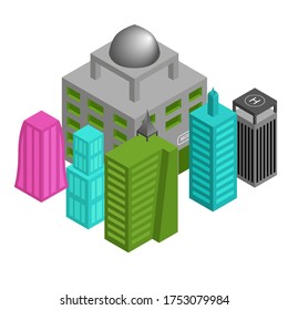 Vector isometric building set illustration on background white. modern city architecture set isometric metropolis. sign downtown isolated emblem
