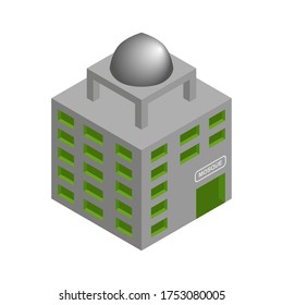 La construcción isométrica vectorial ilustra el blanco de fondo. la arquitectura moderna de la ciudad es un conjunto de metrópolis isométricas. emblema aislado del centro de la señal
