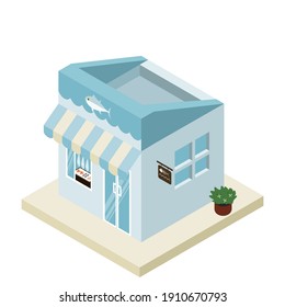 Vector isometric building shop, see food, fresh fish.