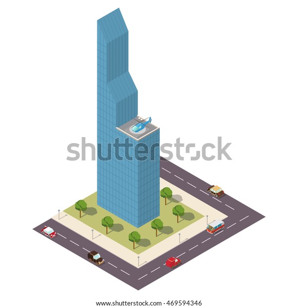 Vector\
isometric with the building a skyscraper, the road with cars, the\
platform for the helicopter and trees.Elements of design of\
infographic. The city building with the\
helipad.