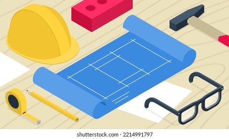 Vector isometric building tools illustration. Blueprint with yellow helmet, hummer, eyeglasses, brick, ruler and pencil. Apartment room renovation and house construction concept.