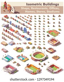 Vector isometric buildings collection. Includes homes, offices, stadiums, shops, supermarkets, restaurants, schools and gas station