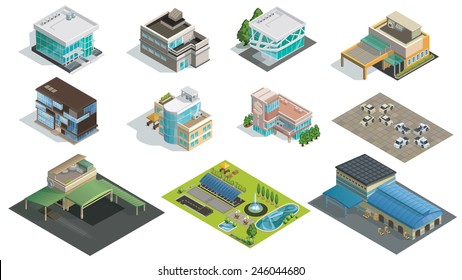 Vector isometric buildings, factory and garden