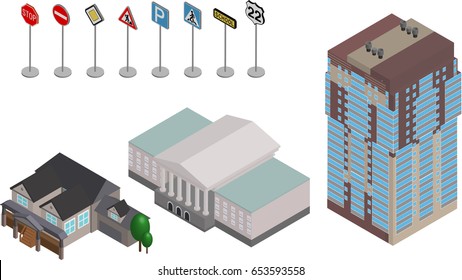 Vector isometric buildings and Road Signs