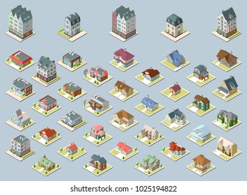Vector isometric buildings set. Isolated on blue background.