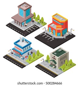 Vector isometric buildings set isolated. Convenience store supermarket isometric building. Gym fitness center 3d game or infographic design. Urban business construction design set.