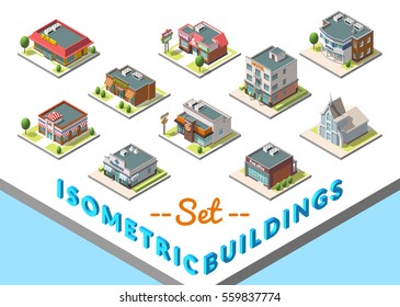 Vector isometric buildings set. Isolated on white background. Included hotel, cafe, church, police, post, burger