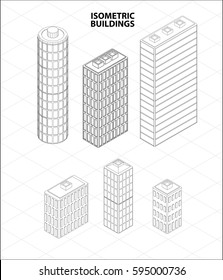 Vector isometric buildings set. Skyscrapers icons. Big city collection. Outline black and white wireframe.