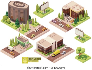 Vector isometric buildings and street elements set. Houses, homes and offices. Pharmacy store building, Billboard, trees cars and people. Isometric city or town map construction elements