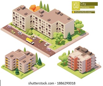 Edificios isométricos vectoriales y elementos de la calle. Casas, casas y oficinas. Elementos isométricos de construcción de mapas de ciudades o ciudades