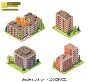 Vector isometric buildings and street elements set. Houses, homes and offices. Isometric city or town map construction elements