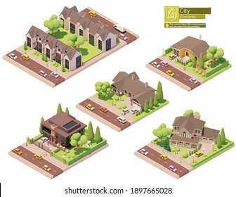 Vector isometric buildings and street elements set. Suburban and village houses, homes. Isometric city or town map construction elements