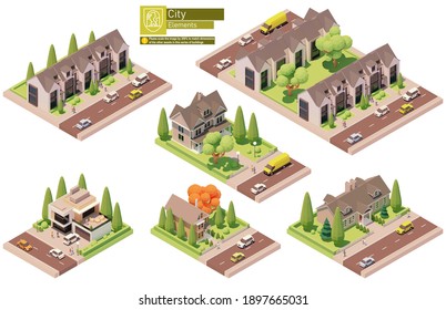 Vector Isometric Buildings And Street Elements Set. Suburban And Village Houses, Homes. Isometric City Or Town Map Construction Elements