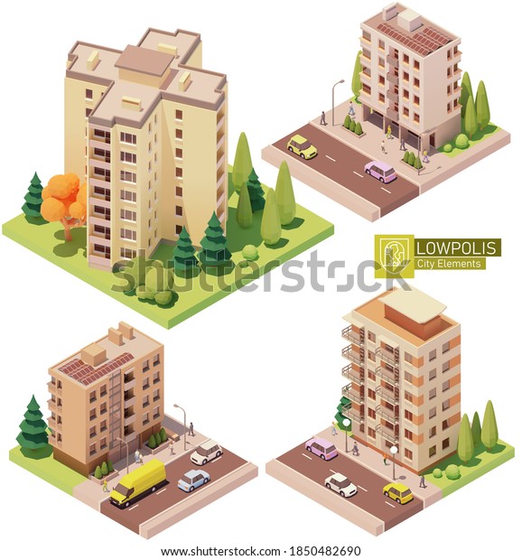 Vector isometric\
buildings and street elements set. Houses, homes and offices.\
High-rise buildings, trees, cars and people. Isometric city or town\
map construction\
elements