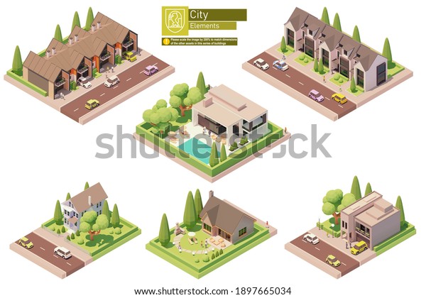 Vector isometric buildings and street elements\
set. Suburban and village houses, homes. Isometric city or town map\
construction elements