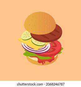 Vector isometric burger illustration on isolated beige background in flat style. 3D illustration.Classic Burger, Cheeseburger with salad, tomato, cheese, beef cutlet,onion and sauce,cucumber.Fast food