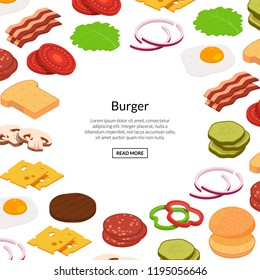 Vector isometric burger ingredients background with place for text illustration. Banner and poster template
